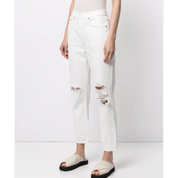 Agolde Riley Cropped Straight-Leg distressed Jeans, white, size 24 - Picture 1 of 11
